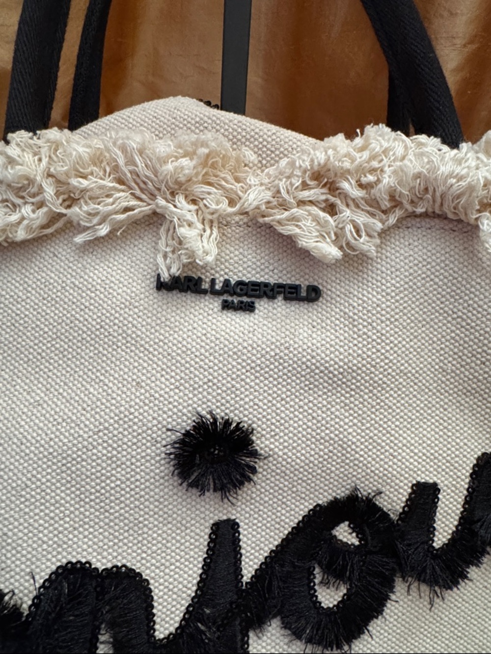 Karl Lagerfeld Canvas 'Bonjour' Fringe Tote in Cream and Black - Picture 10 of 10